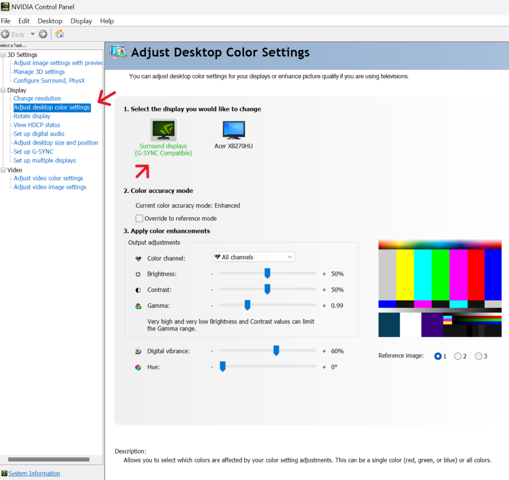 NVIDIA Control Panel Adjust desktop color settings select display