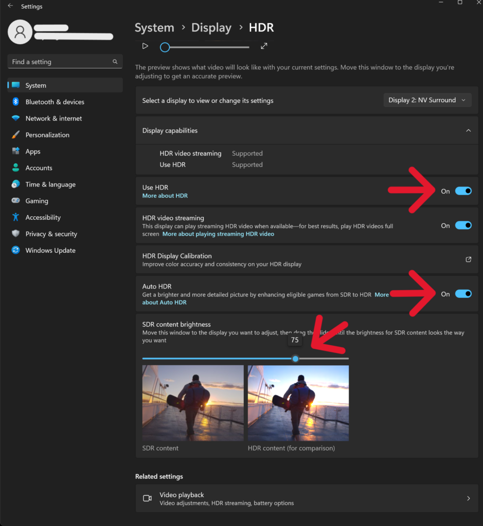 windows 11 HDR display settings