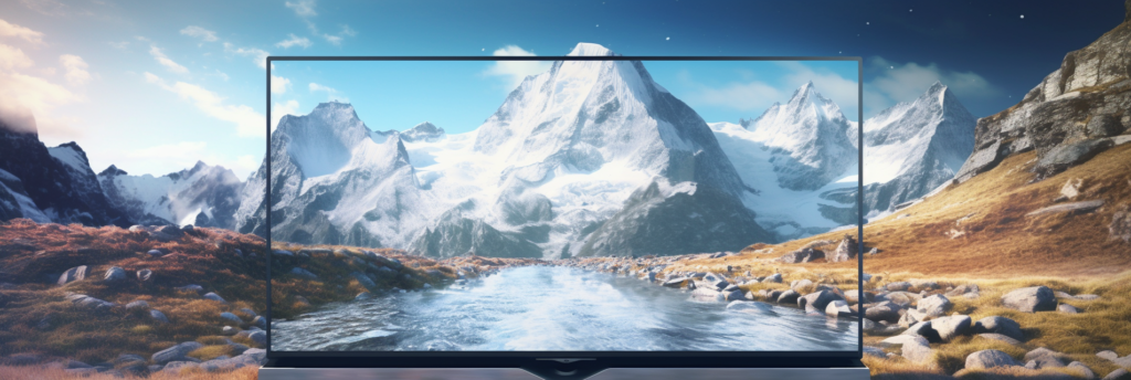 OLED burn-in protection tips OLED monitor snow covered mountains and river.